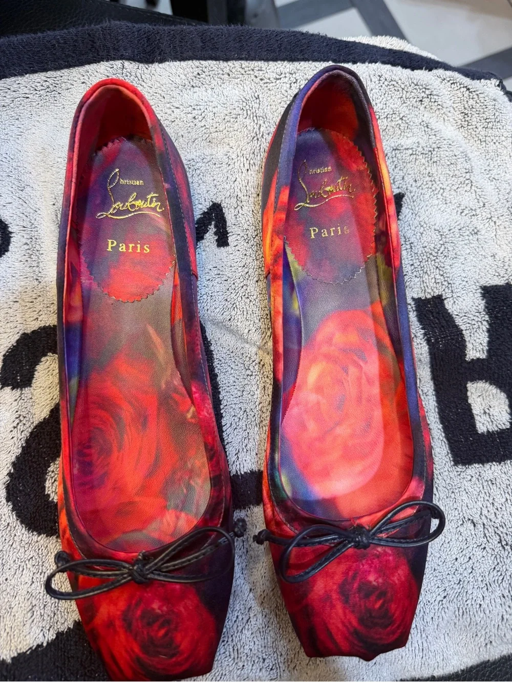 Christian Louboutin Red Rose Print Square-Toe Ballet Flats